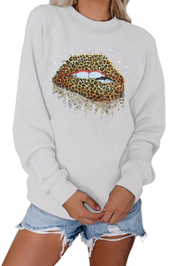 Stockpapa Apparel LADIES Sudadera con estampado de labios de leopardo y cuello redondo